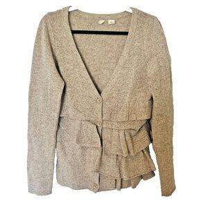 Anthropologie Moth M Tan Ruffle Hem V-Neck Cardigan Sweater